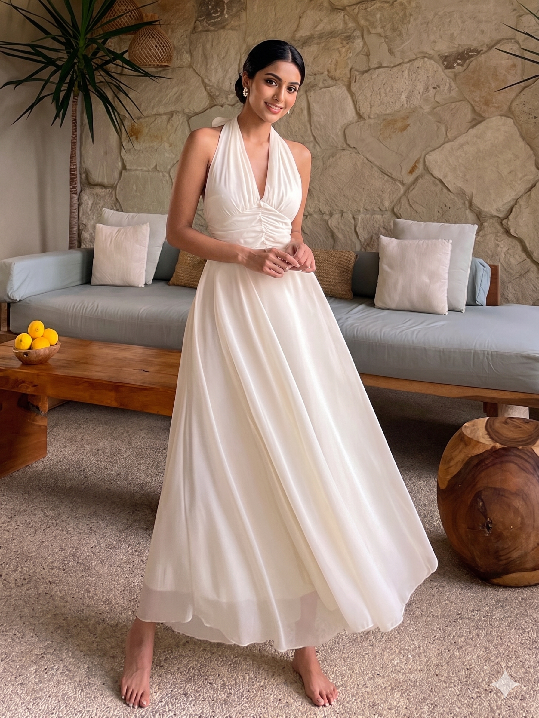 Cream Halter Neck Flowy Maxi Dress with Elegant Minimal Look