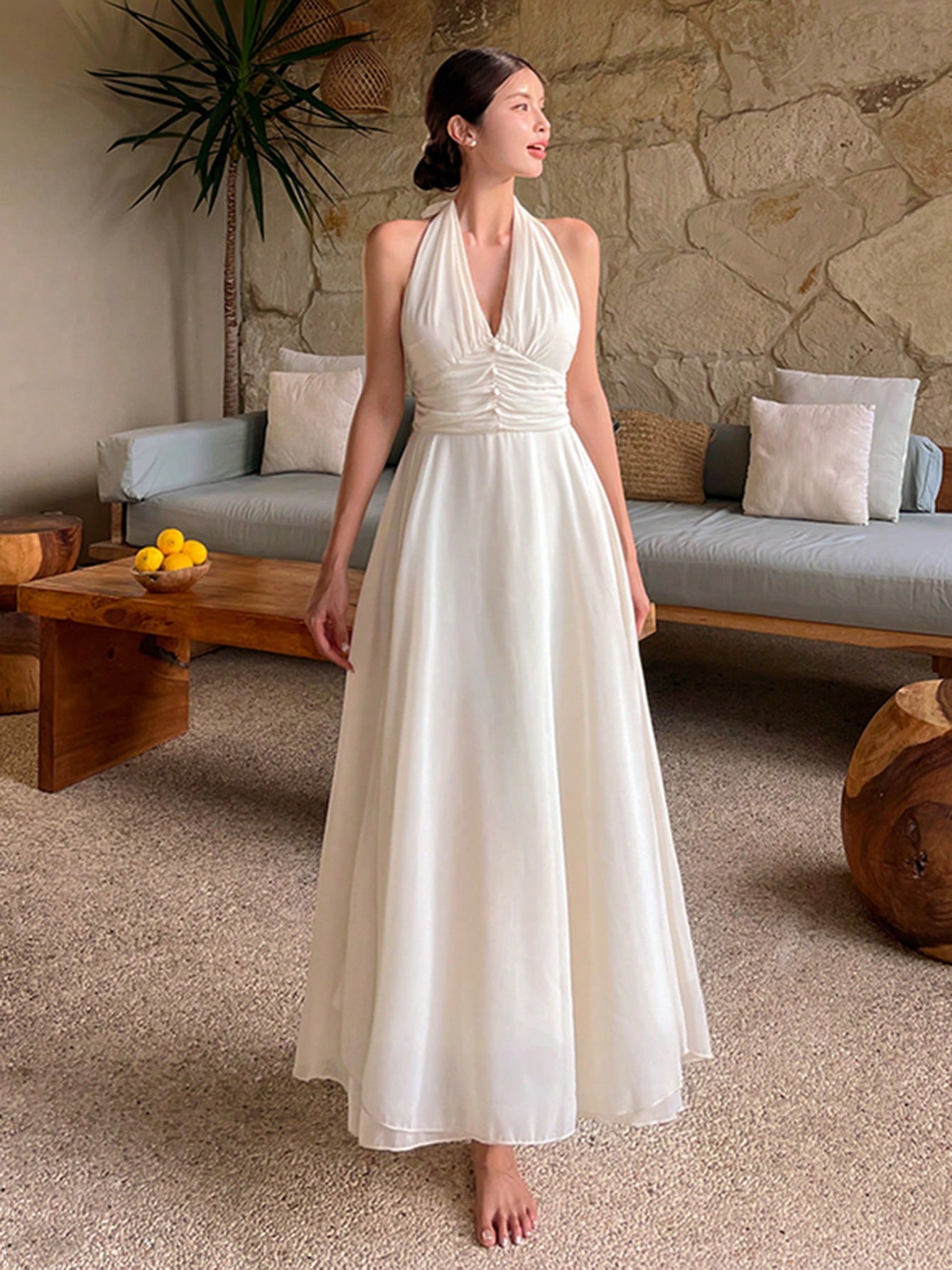 Cream Halter Neck Flowy Maxi Dress with Elegant Minimal Look