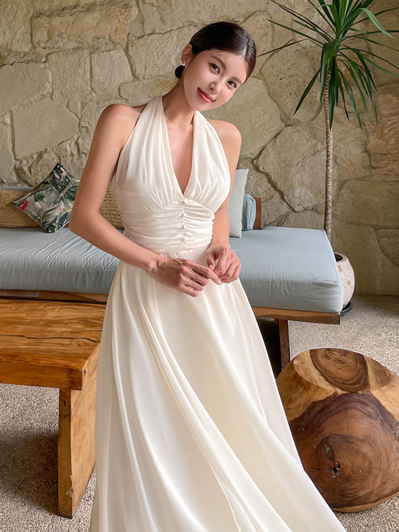 Cream Halter Neck Flowy Maxi Dress with Elegant Minimal Look