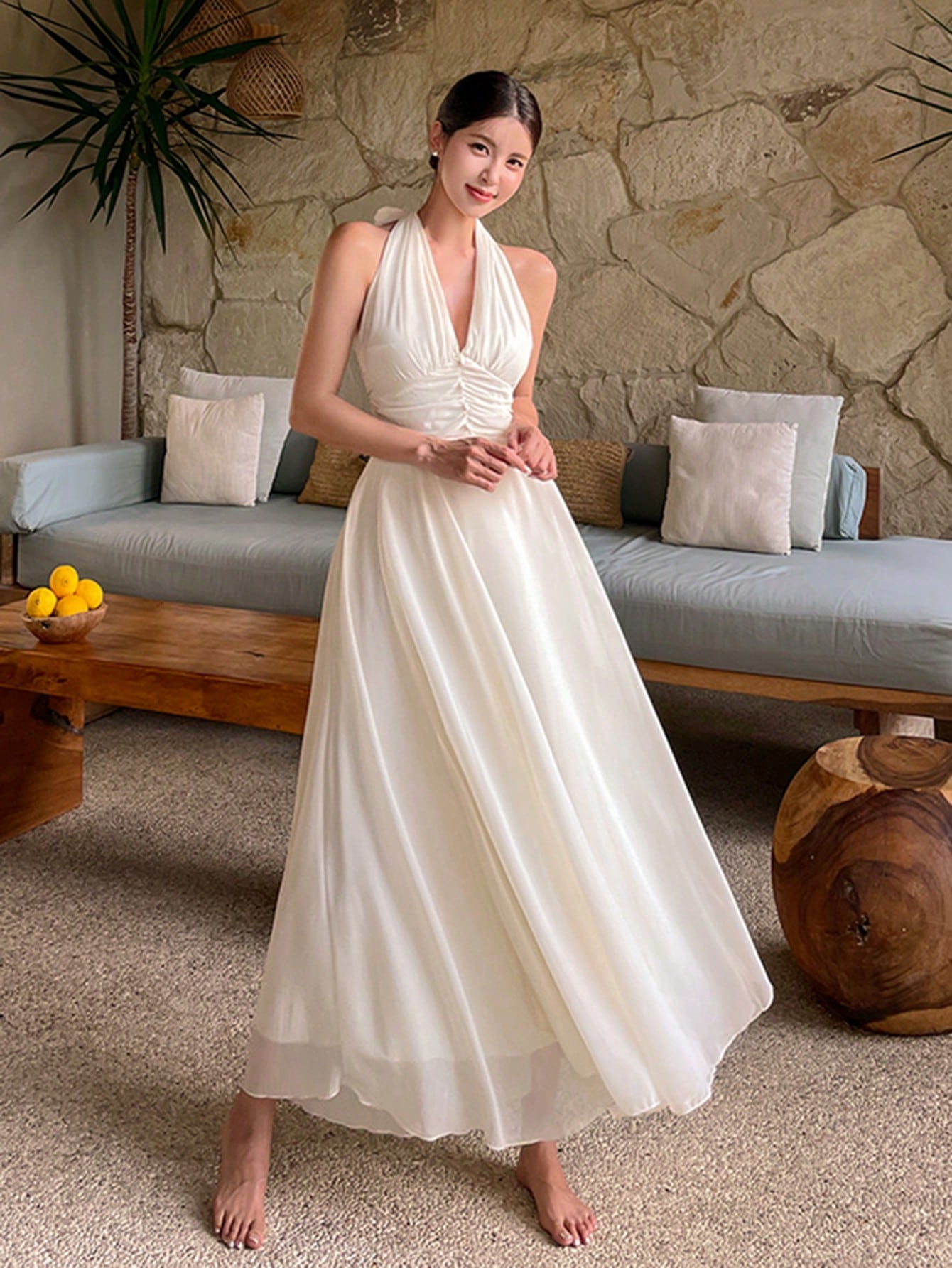 Cream Halter Neck Flowy Maxi Dress with Elegant Minimal Look