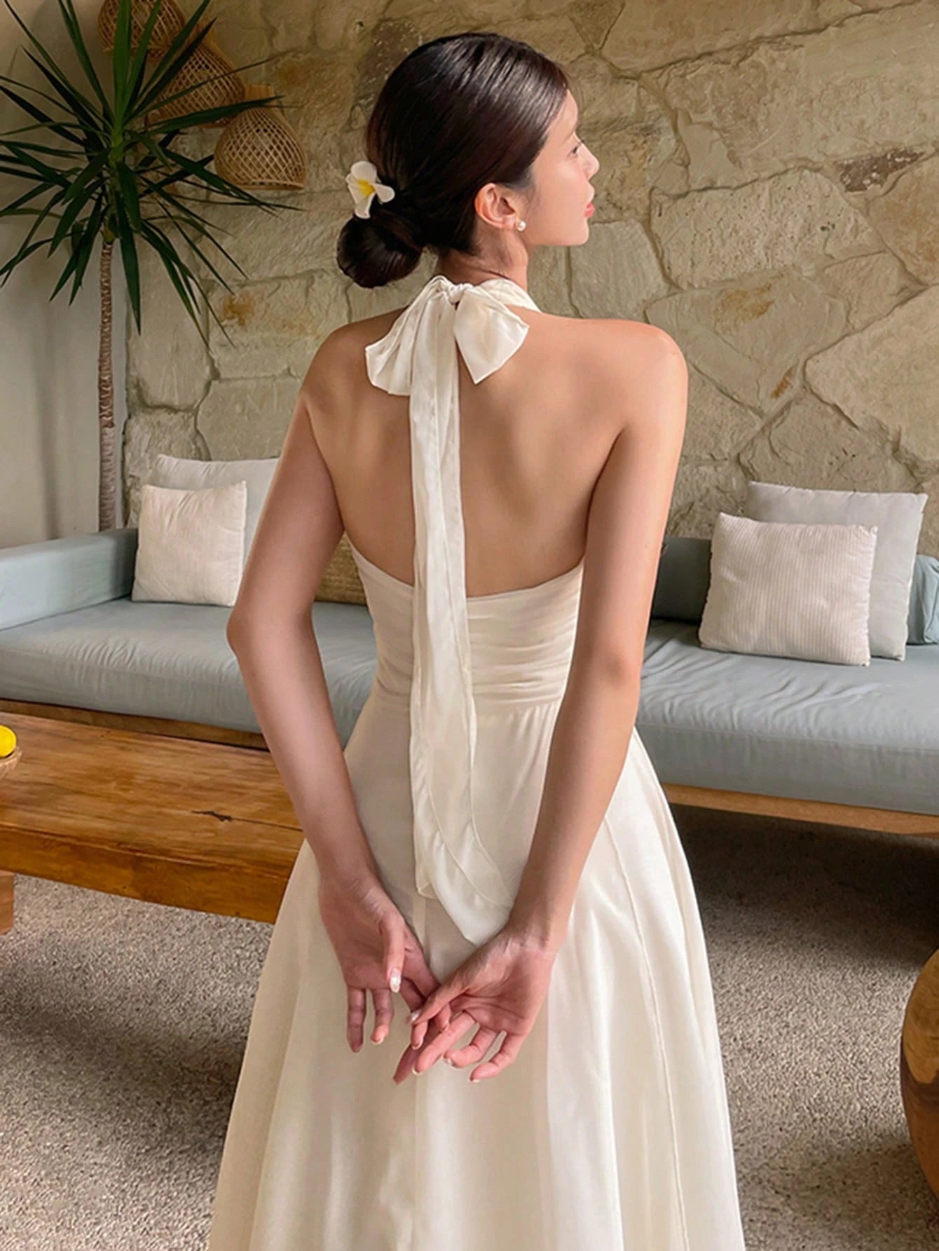 Cream Halter Neck Flowy Maxi Dress with Elegant Minimal Look