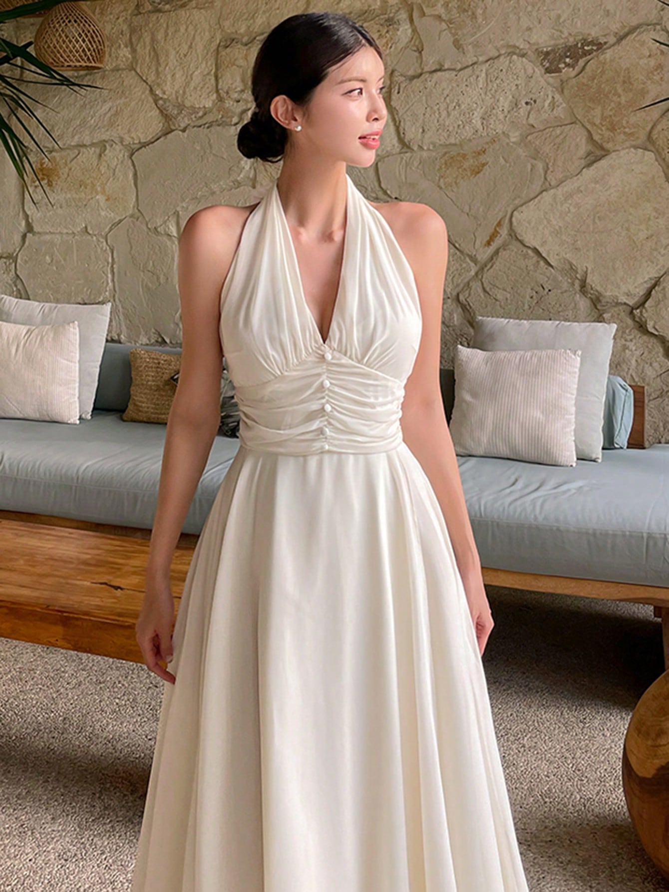 Cream Halter Neck Flowy Maxi Dress with Elegant Minimal Look