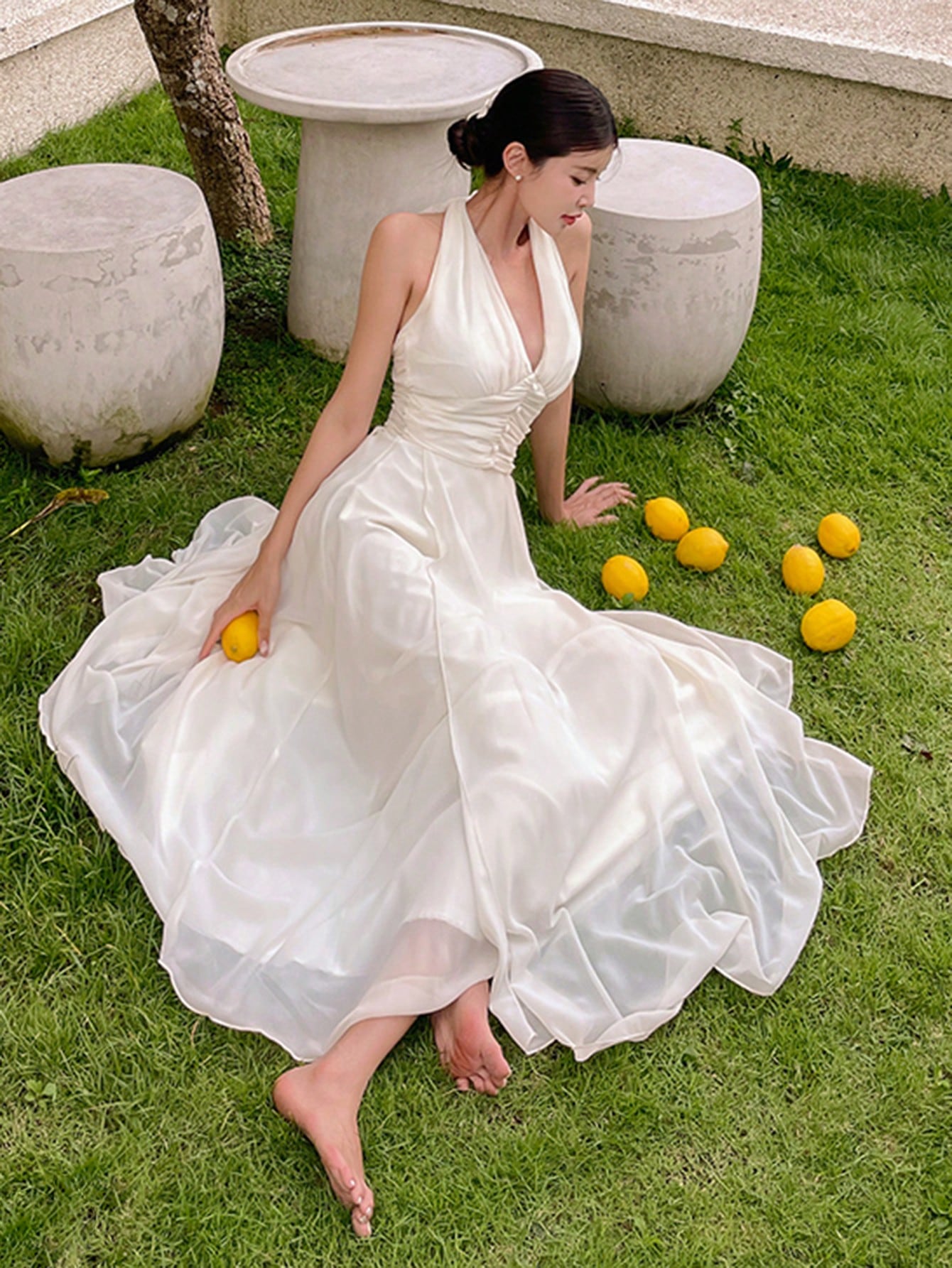 Cream Halter Neck Flowy Maxi Dress with Elegant Minimal Look