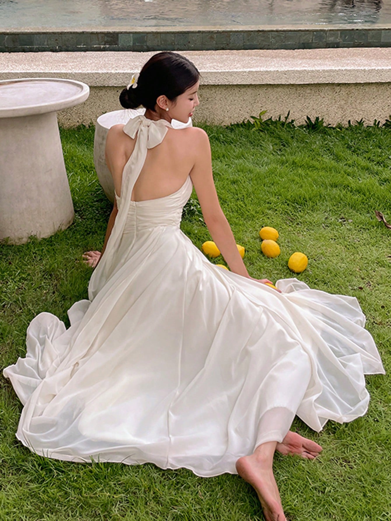 Cream Halter Neck Flowy Maxi Dress with Elegant Minimal Look