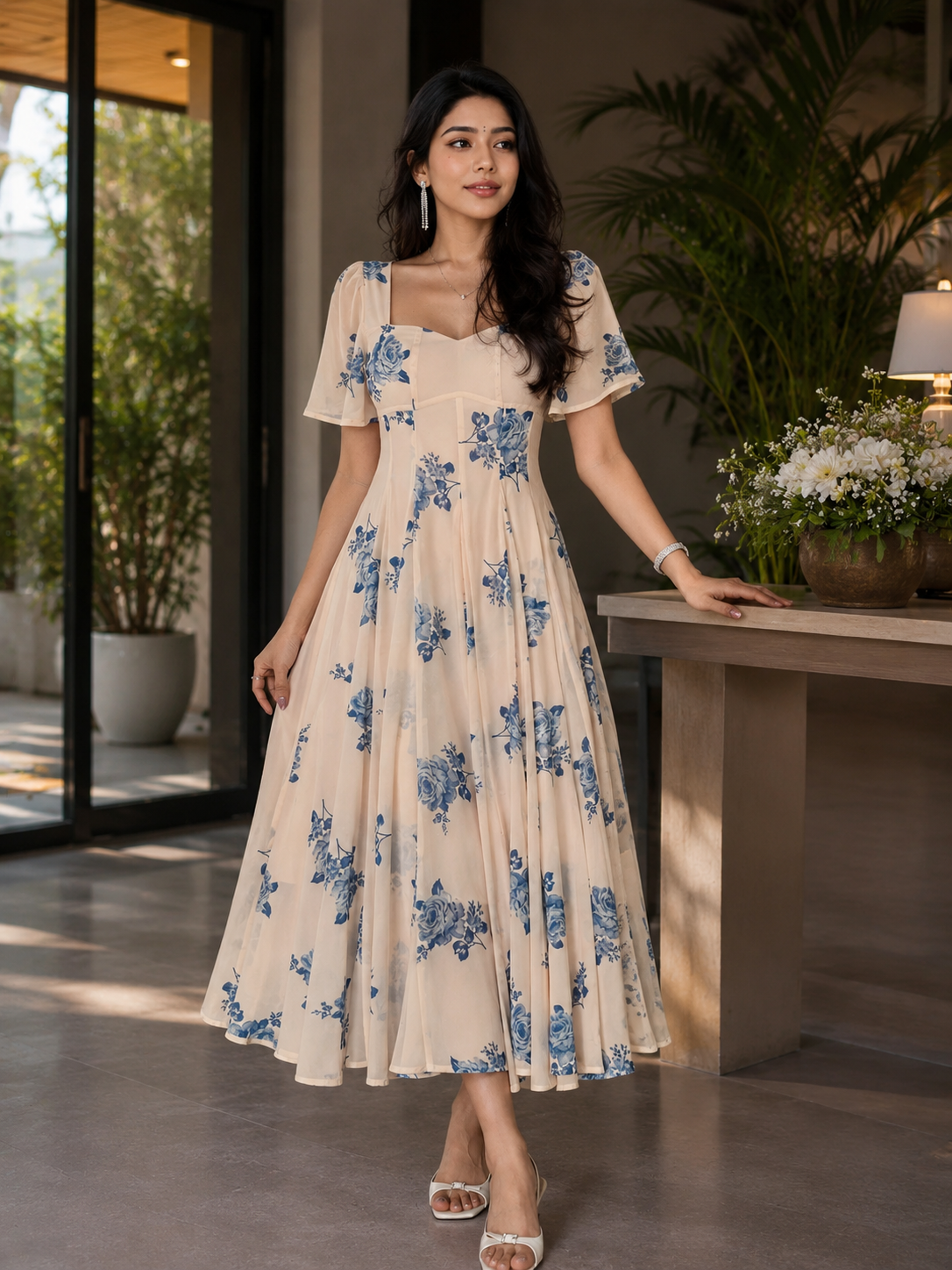 Cream Floral Printed Midi Dress with Blue Flower Design