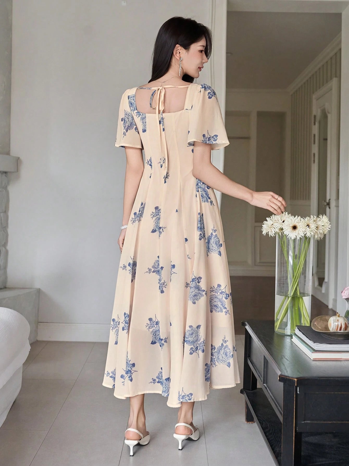 Cream Floral Printed Midi Dress with Blue Flower Design