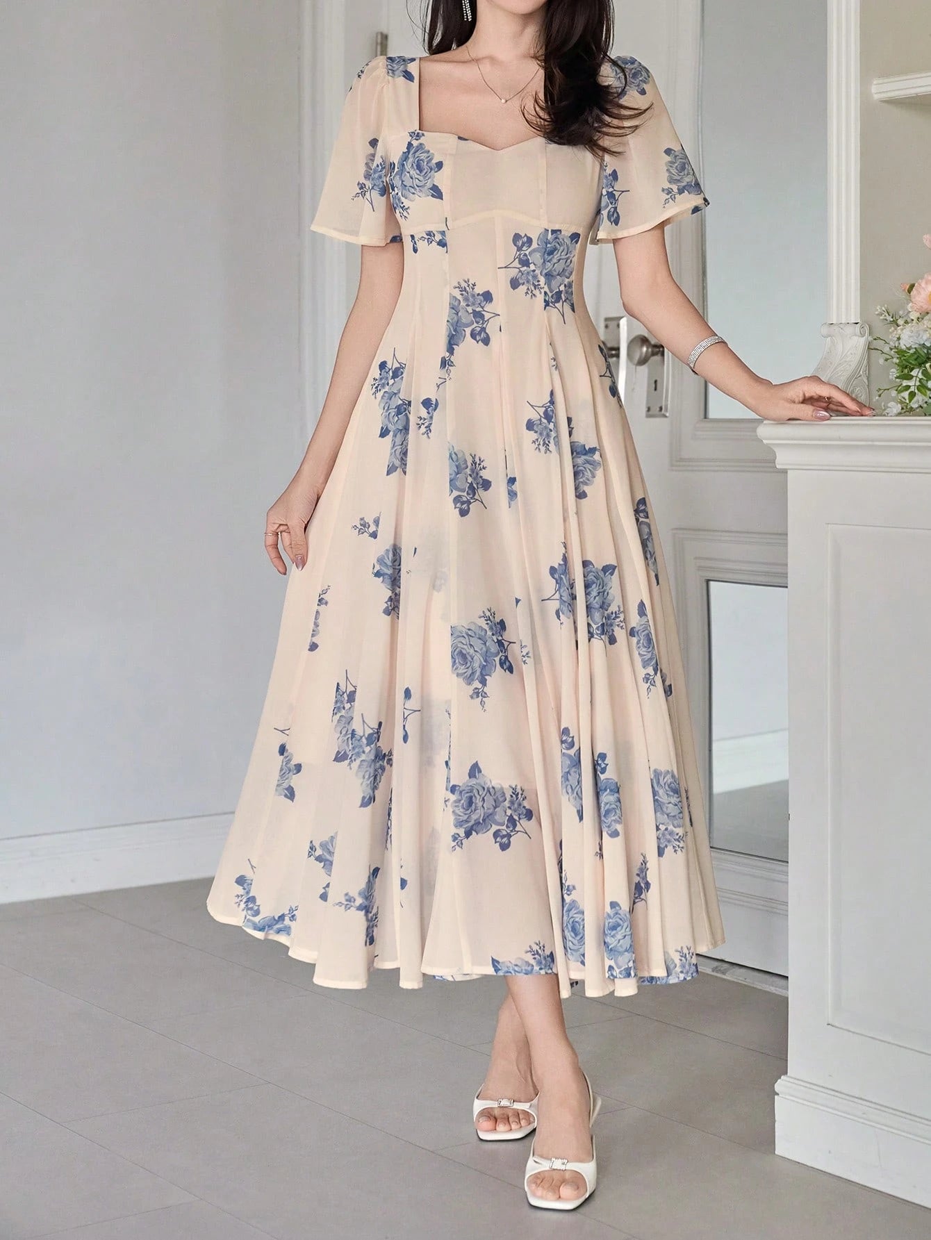 Cream Floral Printed Midi Dress with Blue Flower Design
