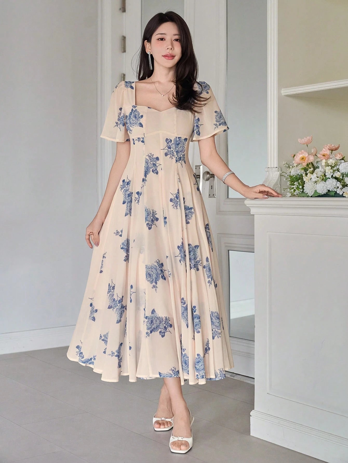 Cream Floral Printed Midi Dress with Blue Flower Design L