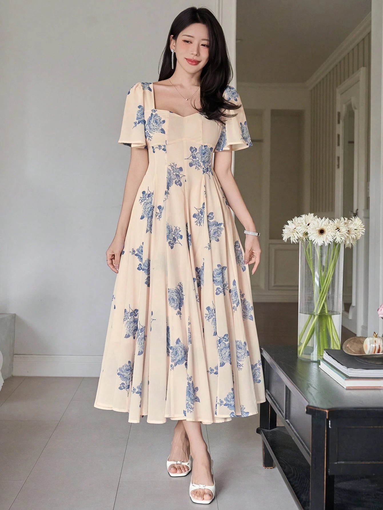 Cream Floral Printed Midi Dress with Blue Flower Design