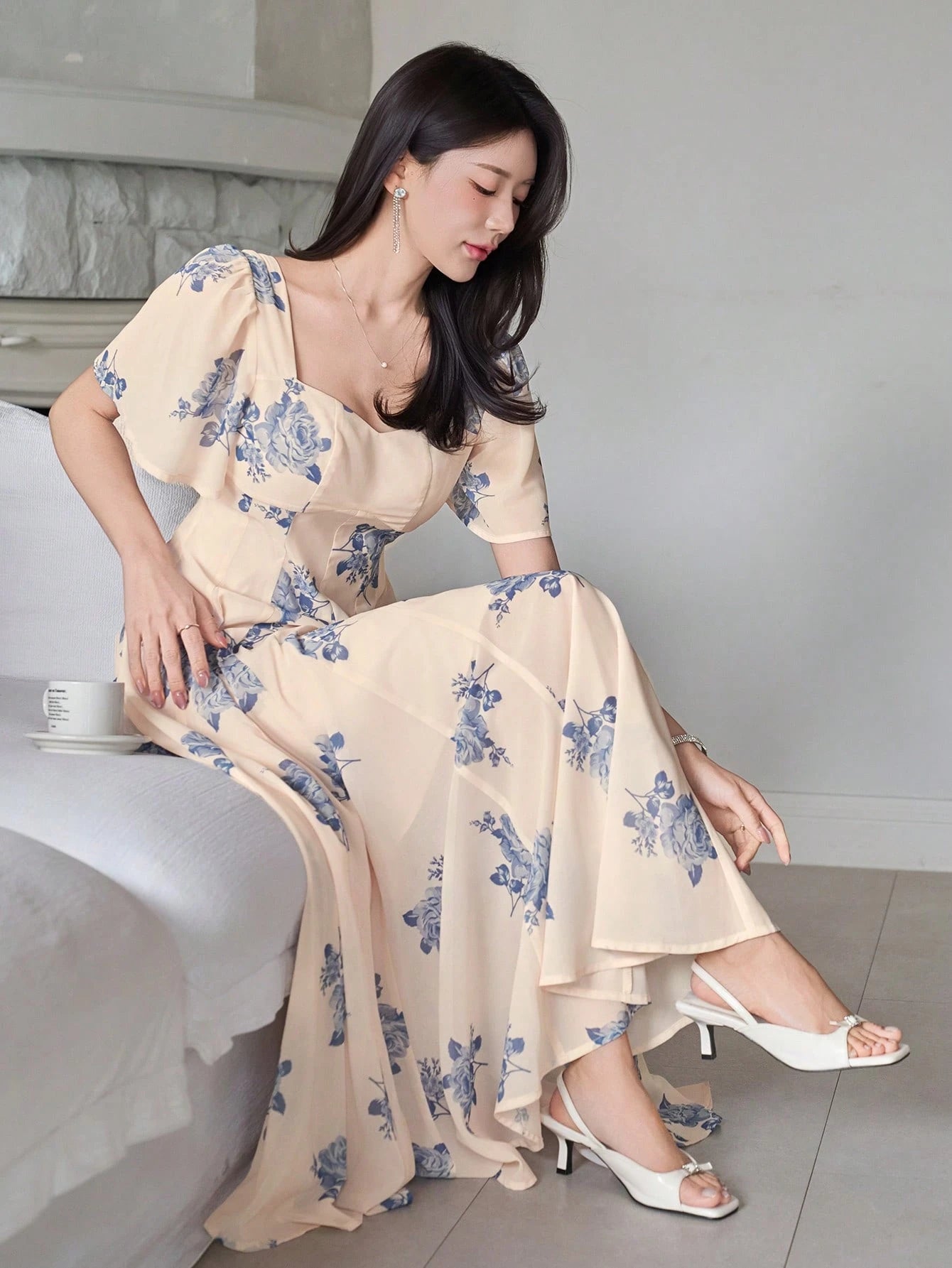Cream Floral Printed Midi Dress with Blue Flower Design