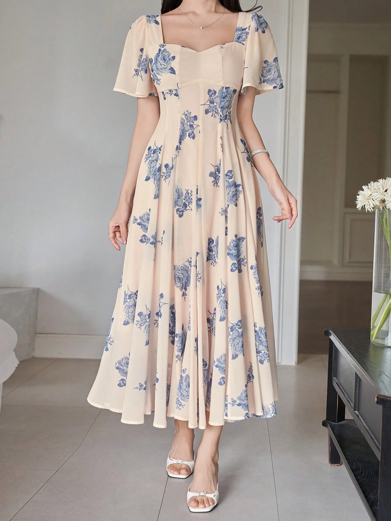 Cream Floral Printed Midi Dress with Blue Flower Design