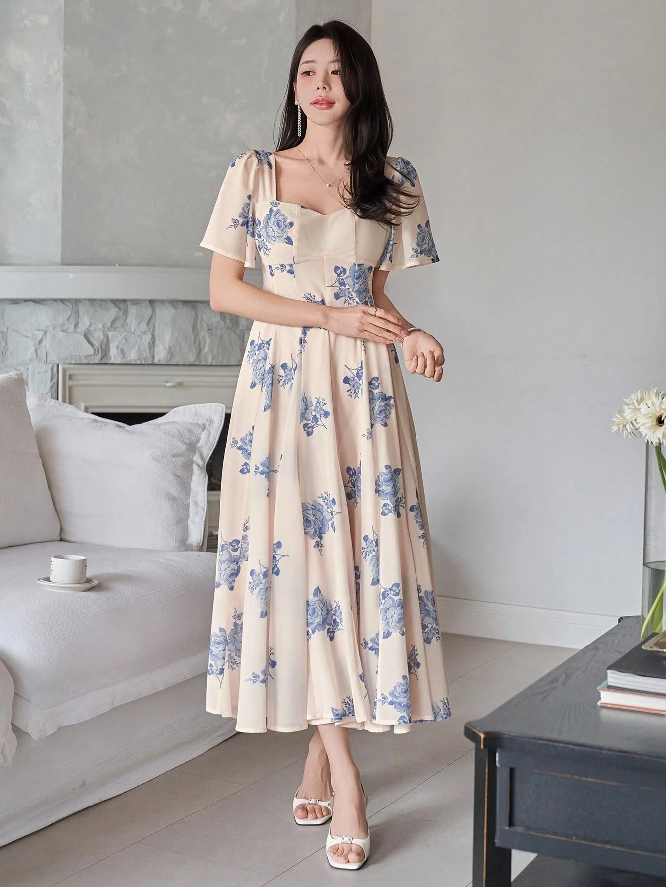 Cream Floral Printed Midi Dress with Blue Flower Design