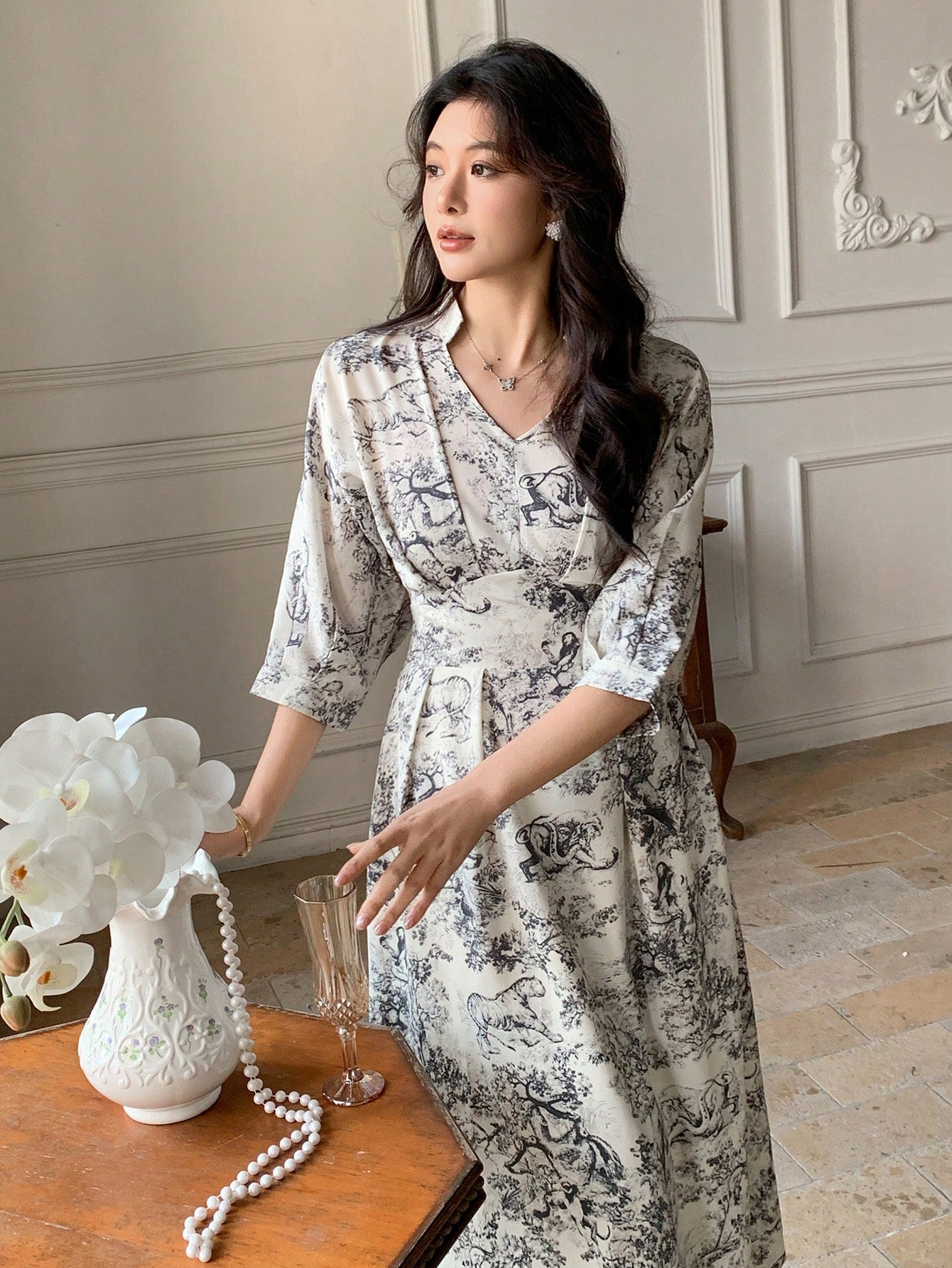 Grey Floral Printed Midi Dress with Modern Garden Style