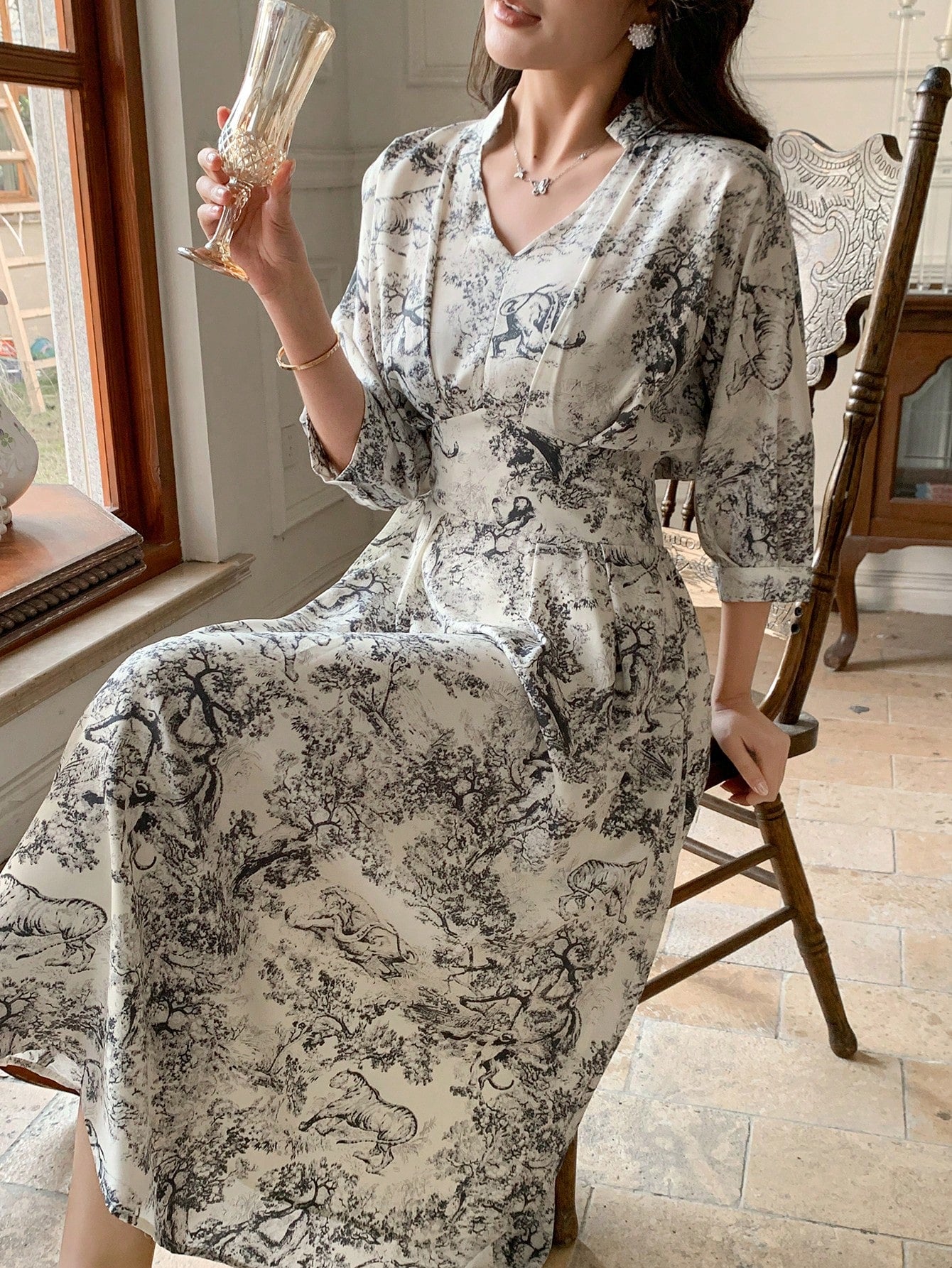 Grey Floral Printed Midi Dress with Modern Garden Style