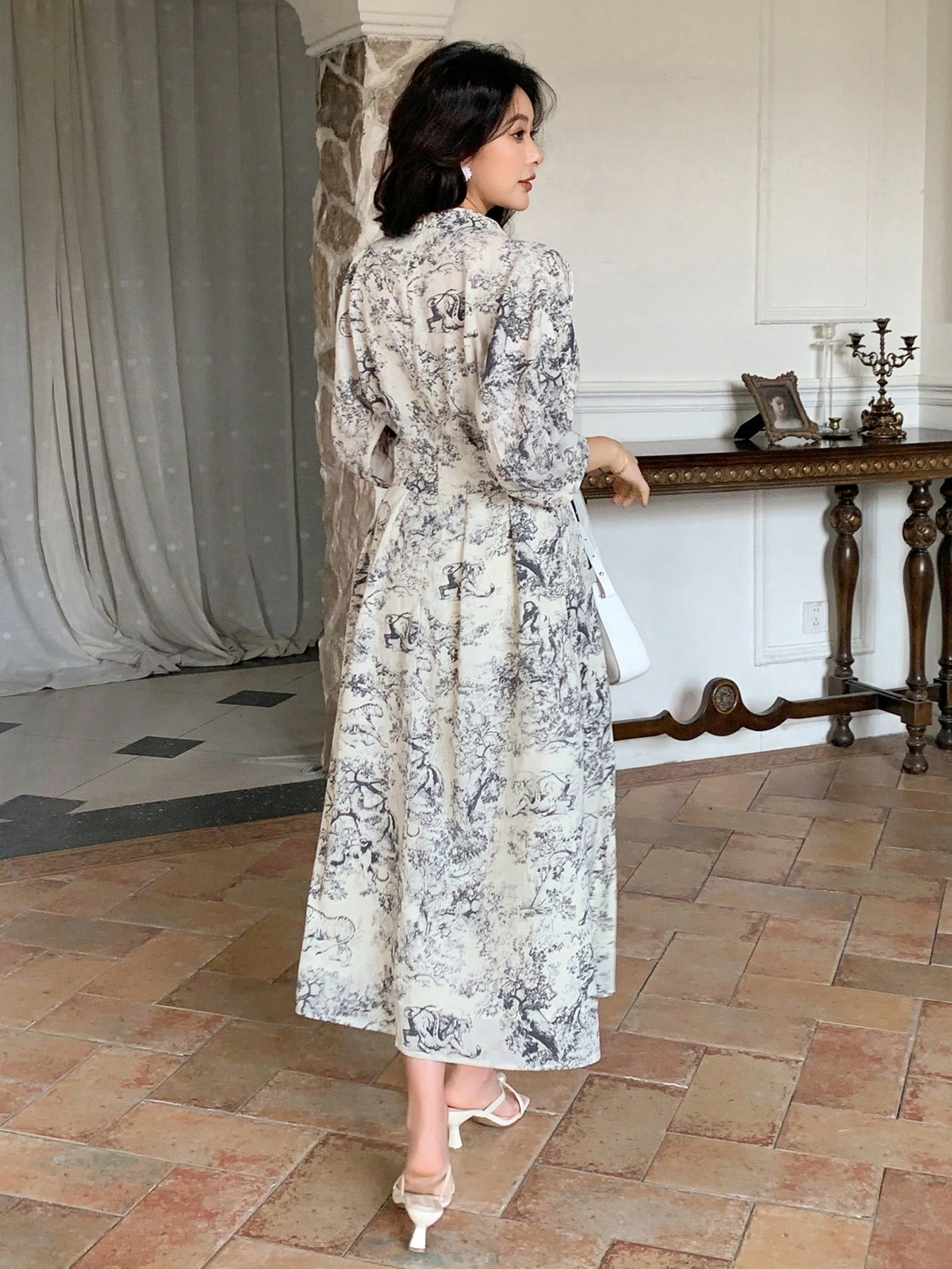 Grey Floral Printed Midi Dress with Modern Garden Style
