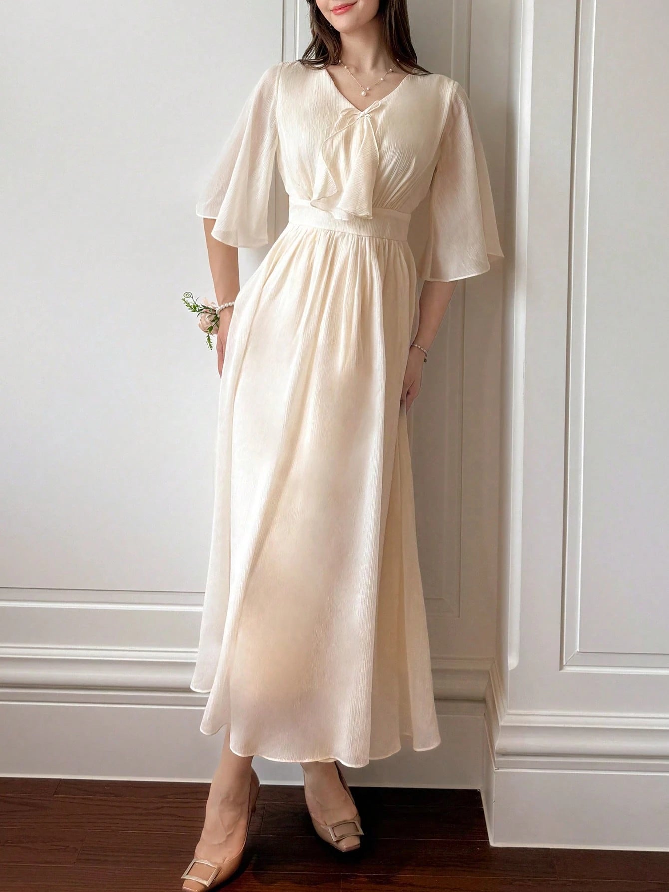 Cream Beige Flowy Maxi Dress with Minimal Elegant Design