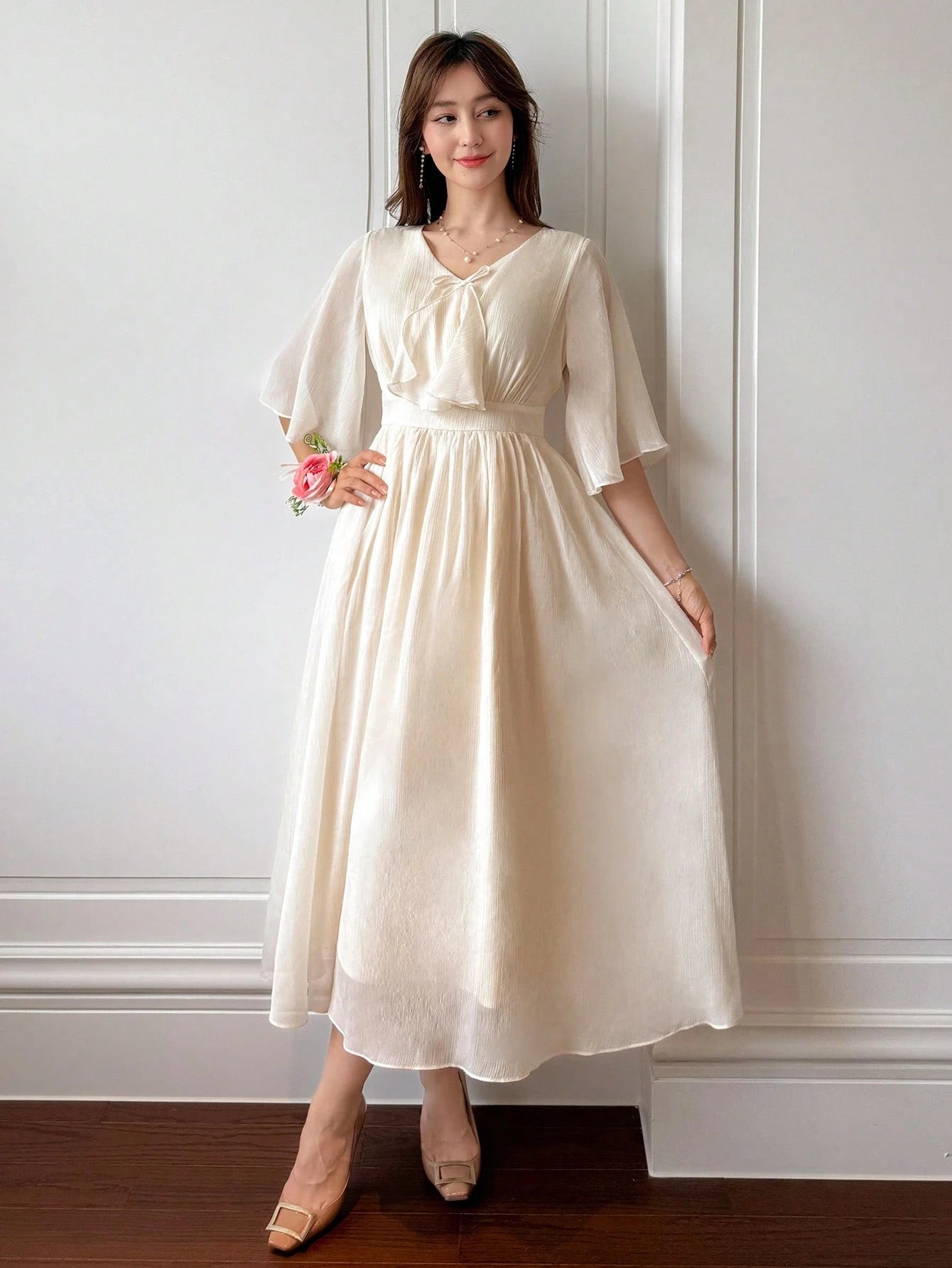 Cream Beige Flowy Maxi Dress with Minimal Elegant Design
