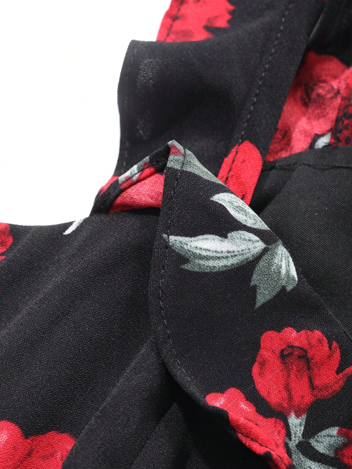 Black Floral Printed Midi Dress with Red Rose Party Style