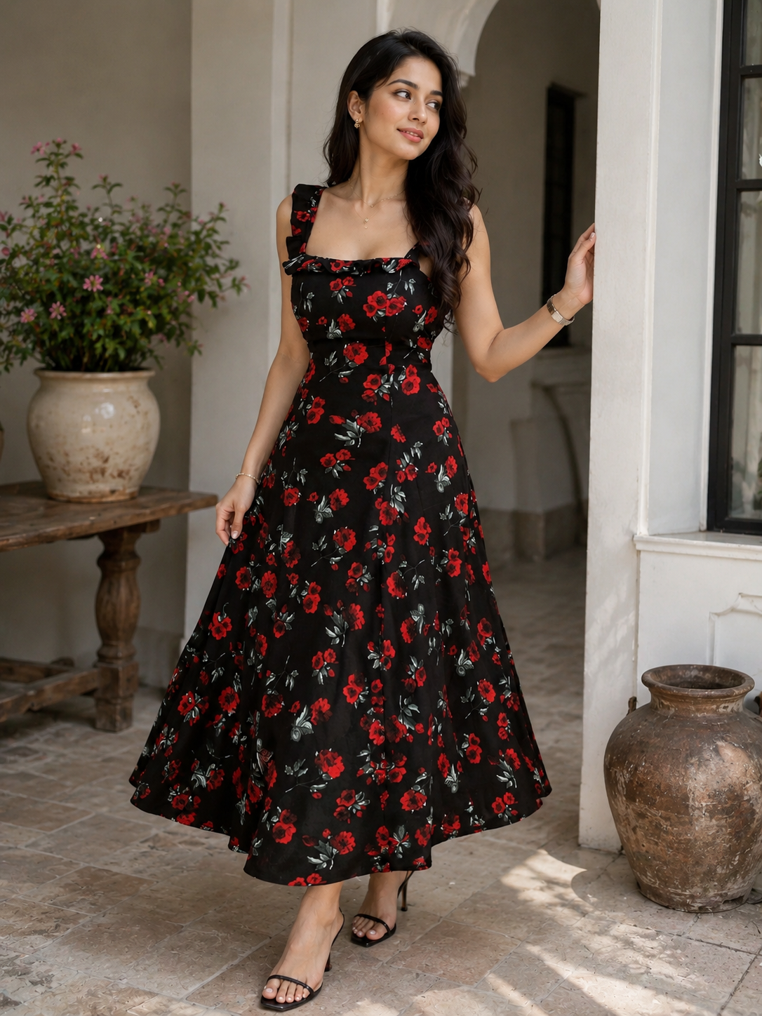 Black Floral Printed Midi Dress with Red Rose Party Style