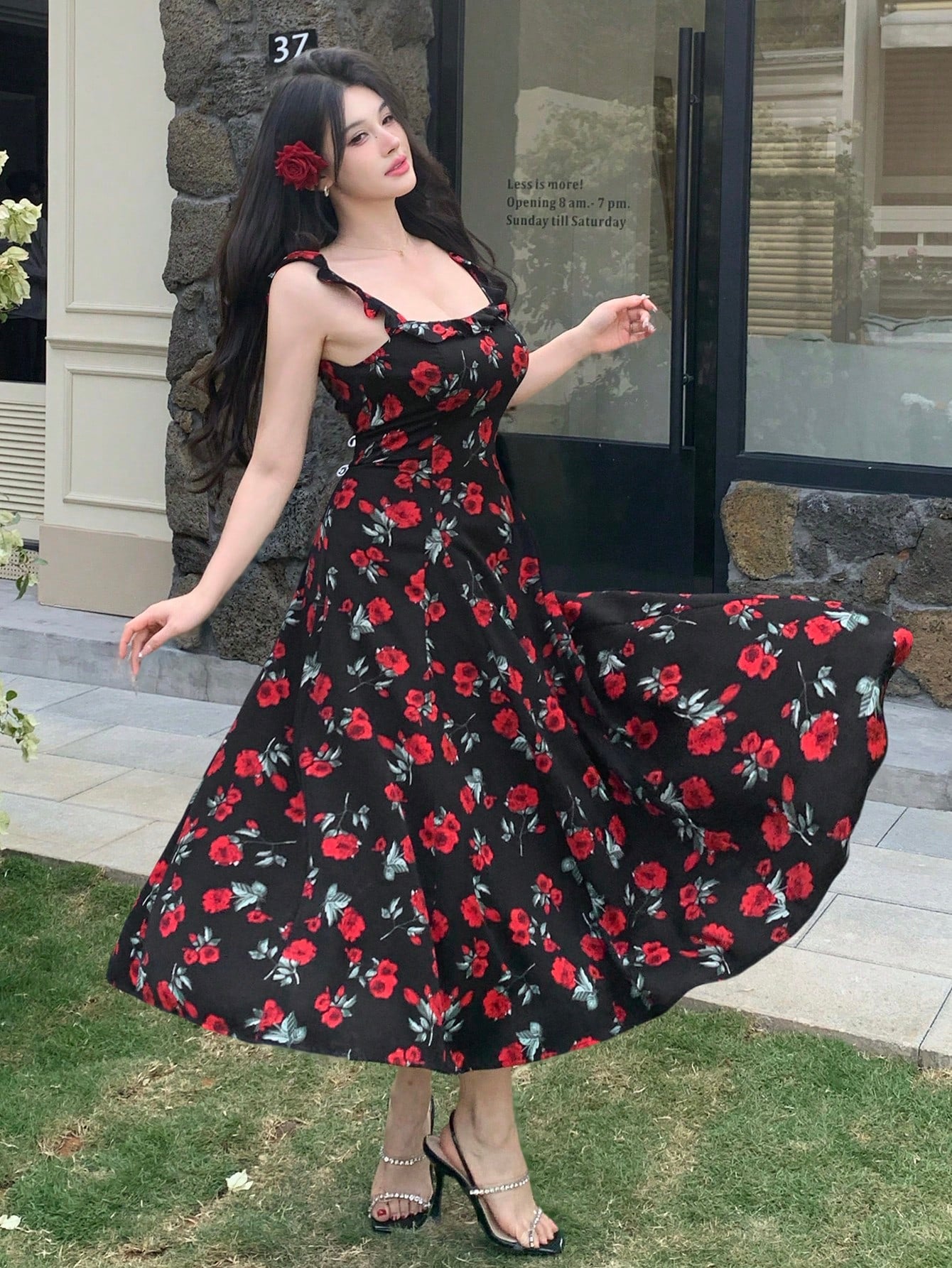 Black Floral Printed Midi Dress with Red Rose Party Style