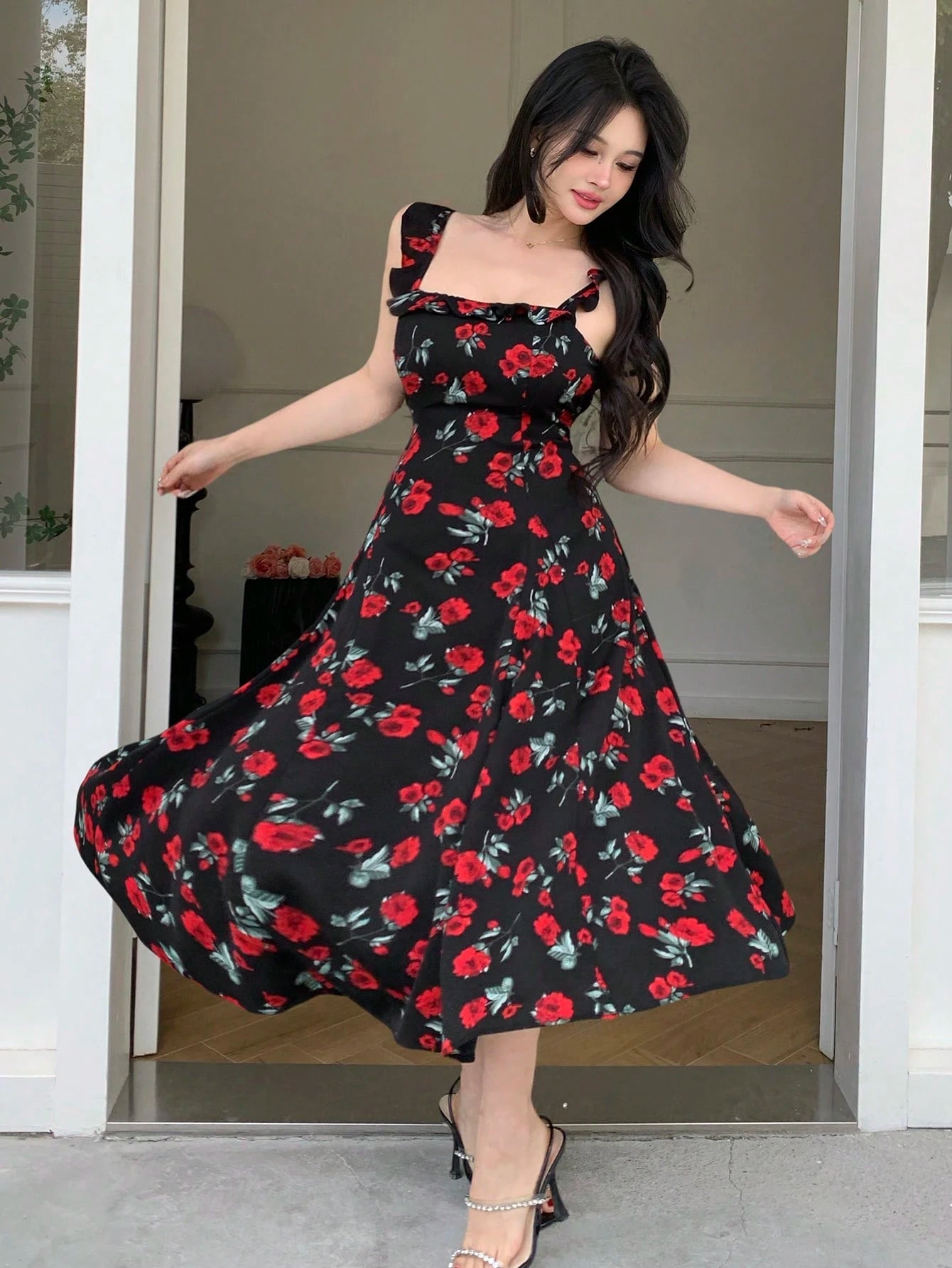 Black Floral Printed Midi Dress with Red Rose Party Style