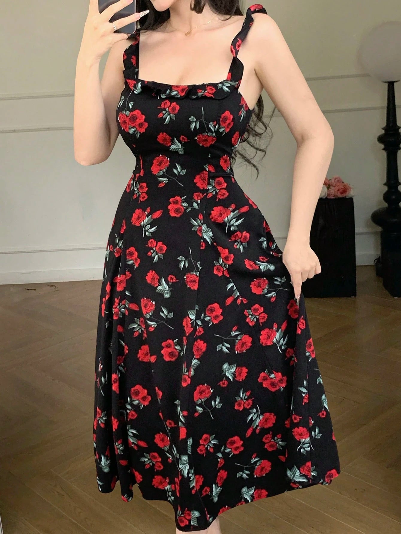 Black Floral Printed Midi Dress with Red Rose Party Style