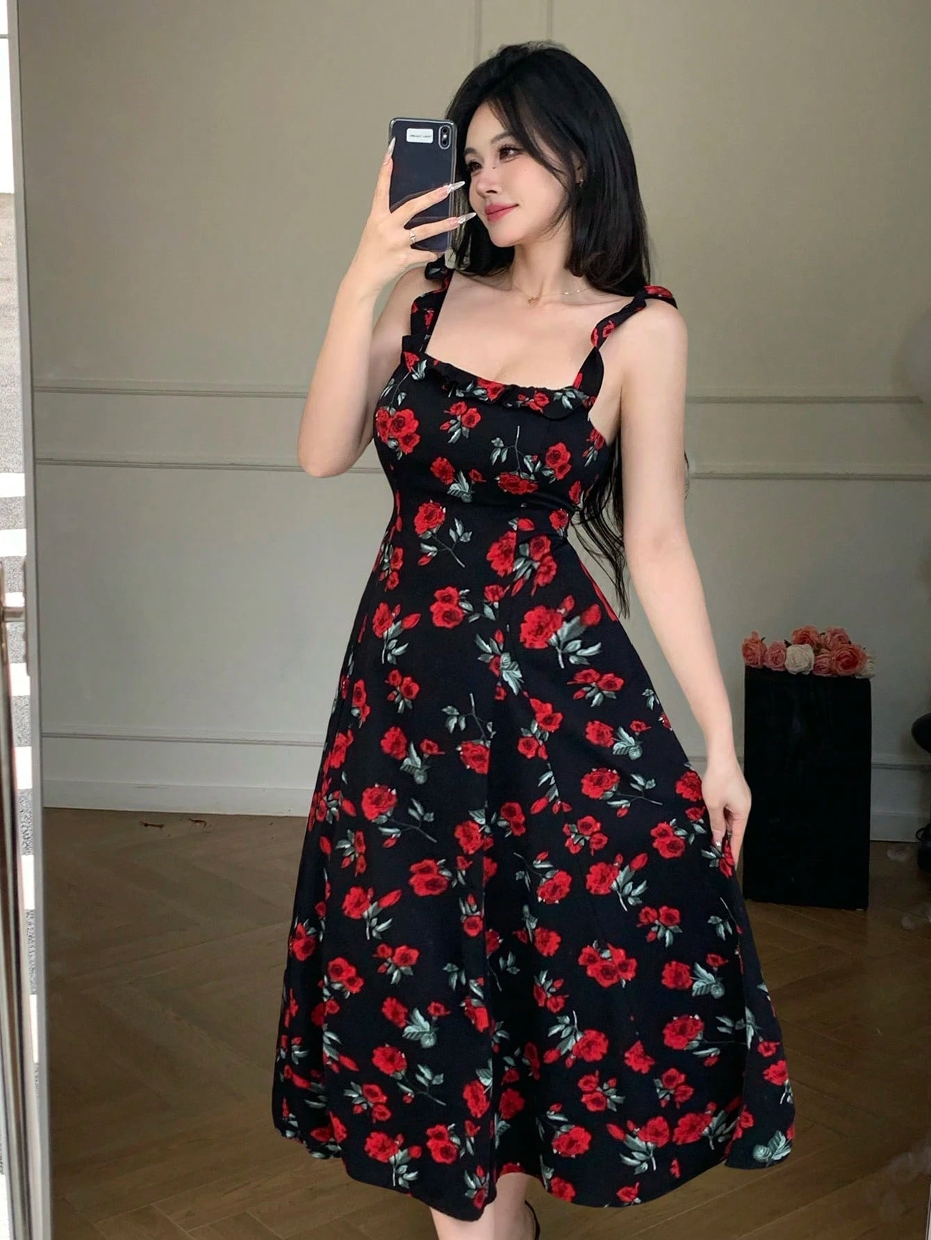 Black Floral Printed Midi Dress with Red Rose Party Style