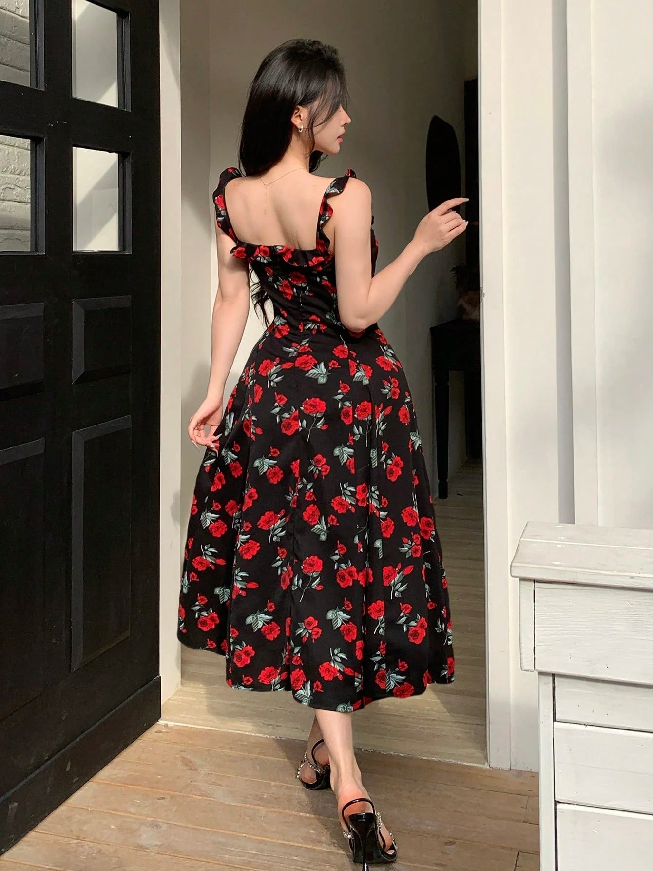 Black Floral Printed Midi Dress with Red Rose Party Style