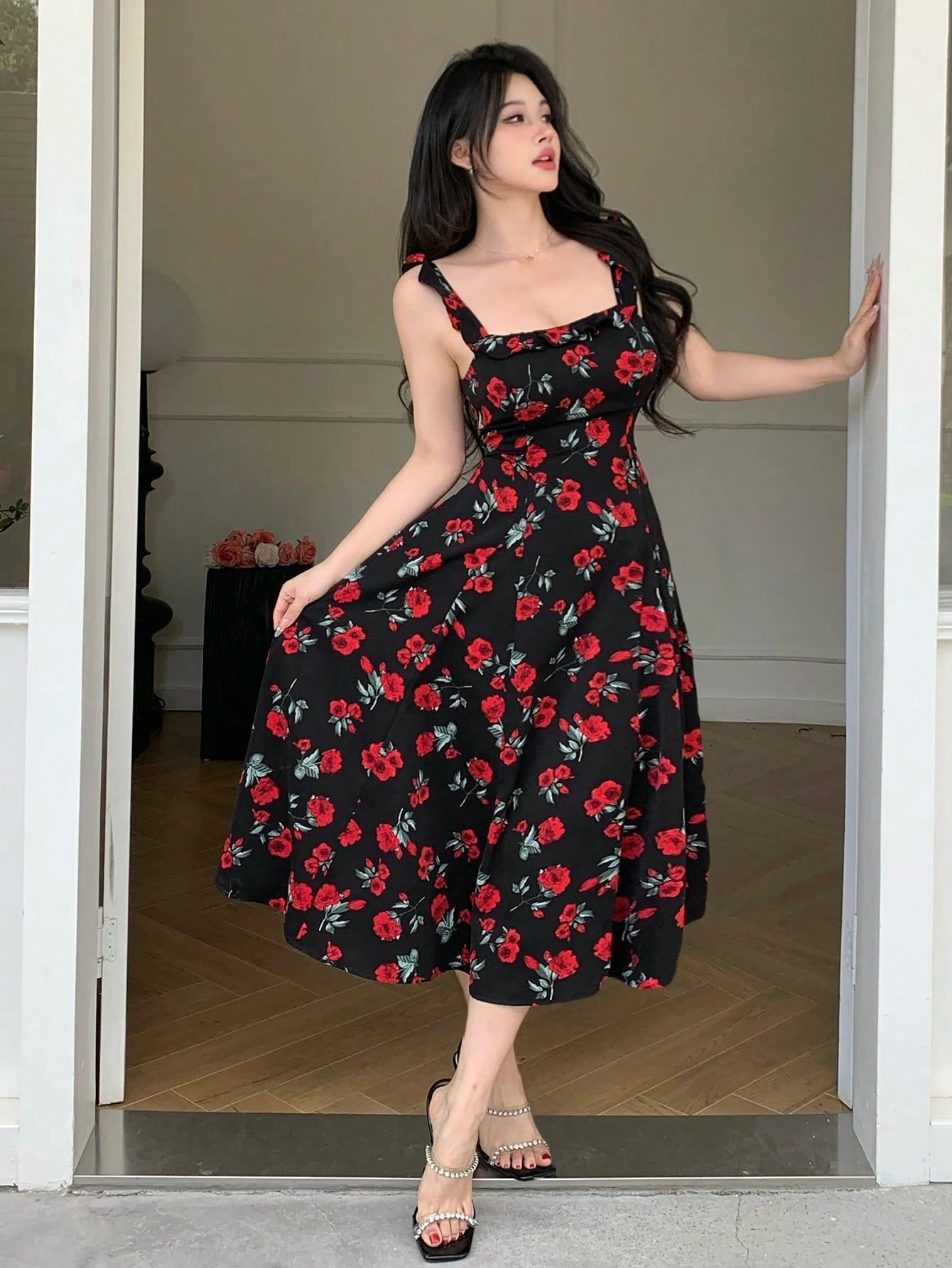 Black Floral Printed Midi Dress with Red Rose Party Style