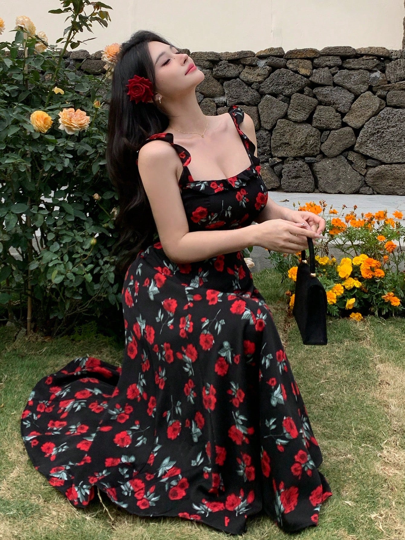 Black Floral Printed Midi Dress with Red Rose Party Style