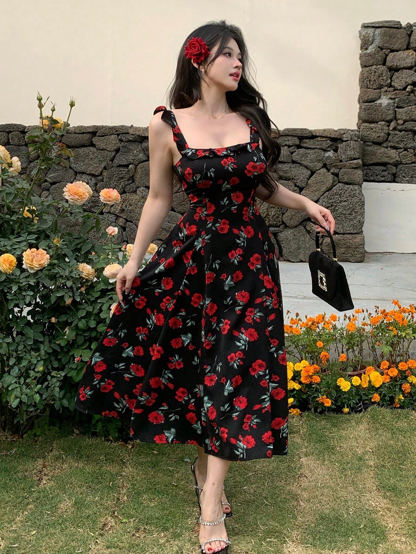 Black Floral Printed Midi Dress with Red Rose Party Style