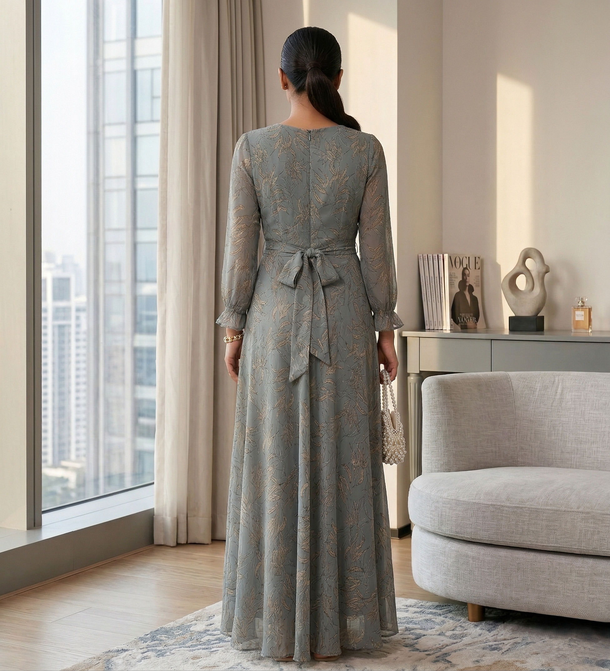 Sage Grey base with antique gold botanical leaf Dress Sage Grey / georgette / XS Sage Grey base with antique gold botanical leaf Dress Sage Grey / georgette / XS