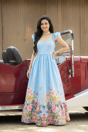 Sky Bloom Vintage Floral Women’s Midi Dress Soft Flowing Fabric with Elegant Silhouette and Timeless Floral Print