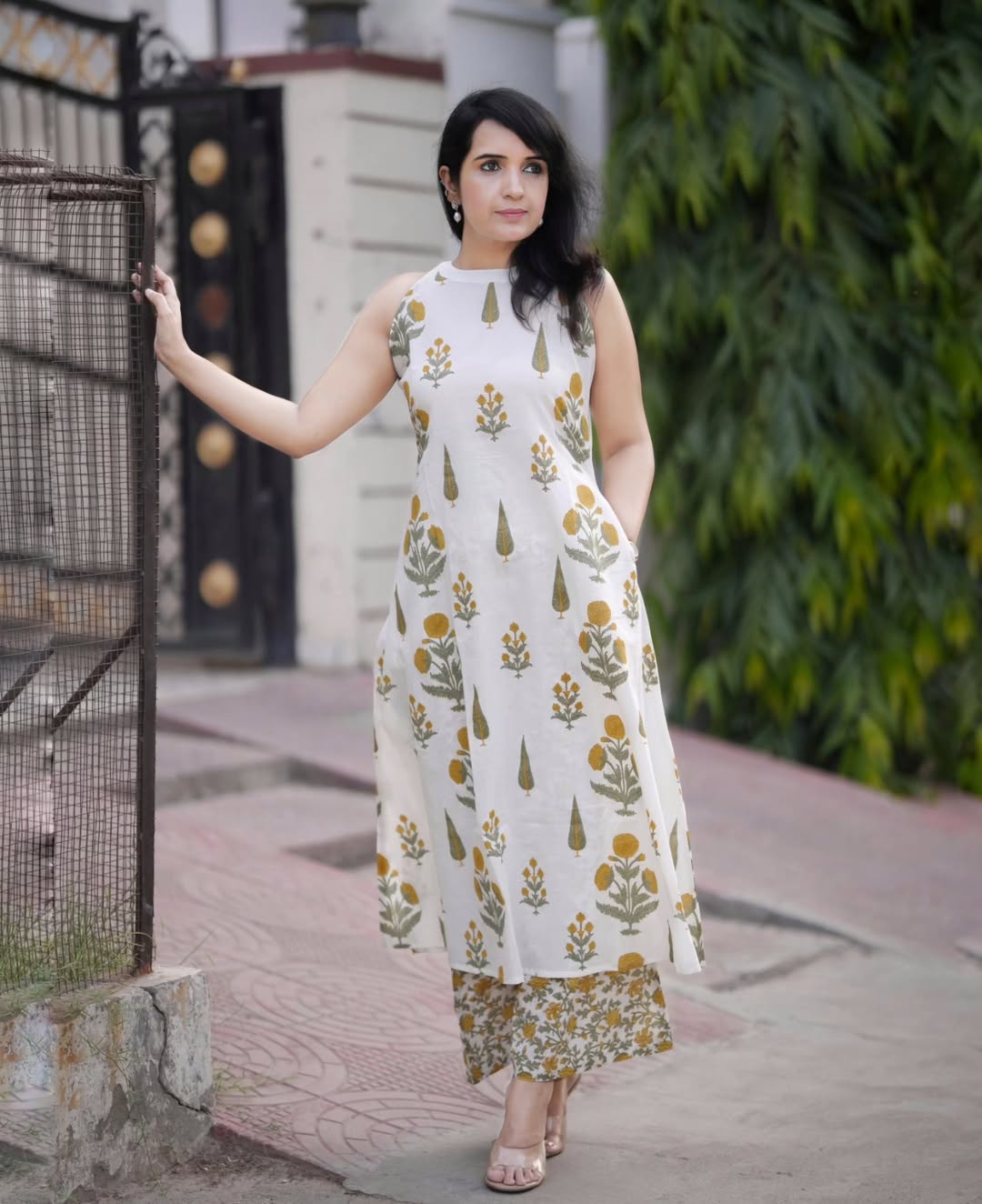 Sunlit  Botanical Bloom Print  Yellow and Green (floral and leaf motifs) Layered Midi Dress