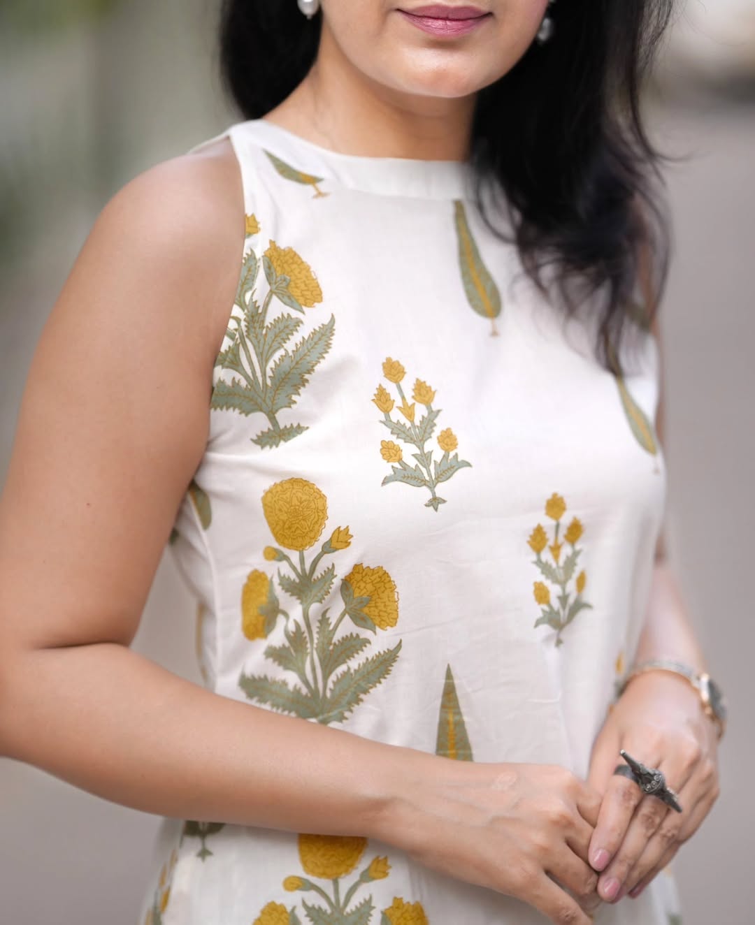 Sunlit  Botanical Bloom Print  Yellow and Green (floral and leaf motifs) Layered Midi Dress