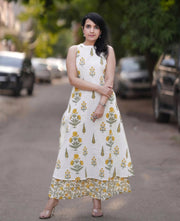 Sunlit  Botanical Bloom Print  Yellow and Green (floral and leaf motifs) Layered Midi Dress