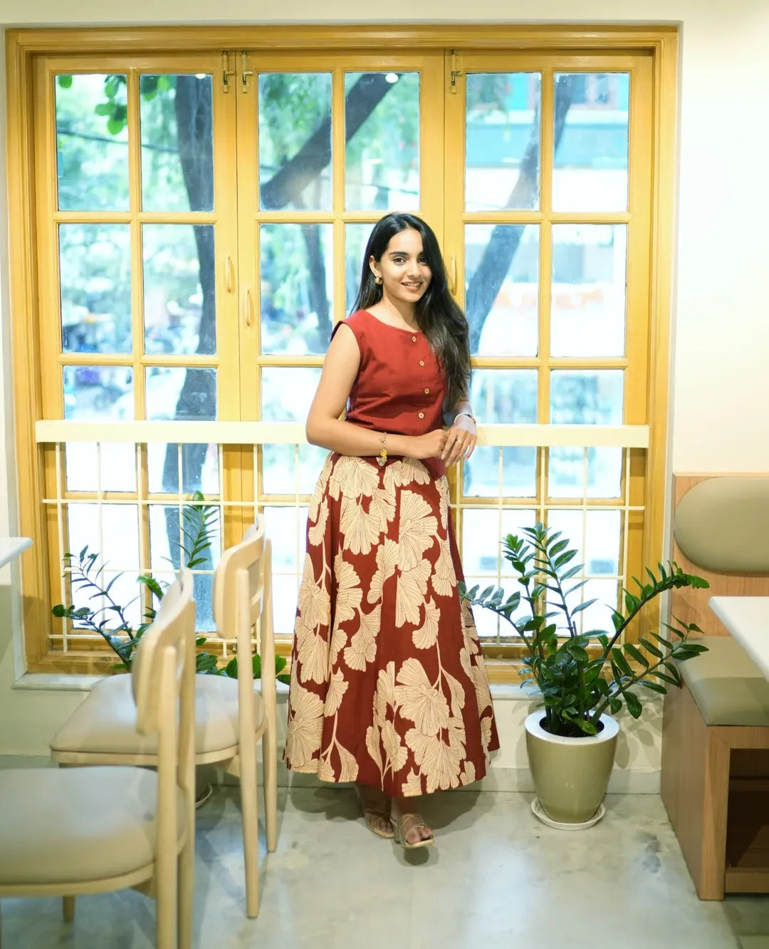 Rust Bloom Leaf Print Rust Red with Cream Leaf Print dress – Sava Luxe