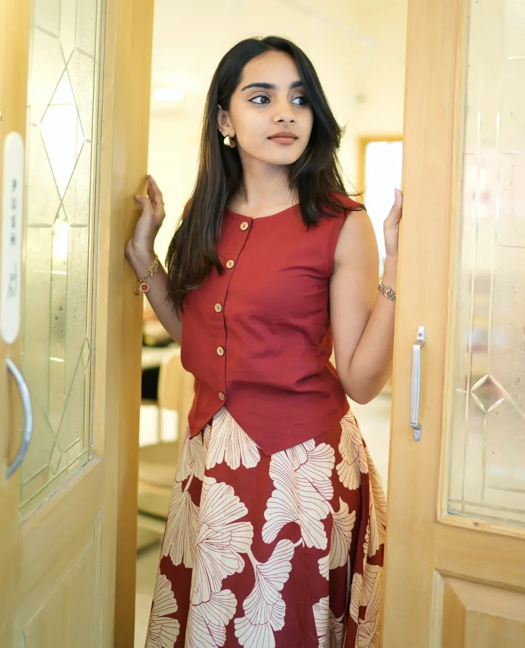 Rust Bloom Leaf Print  Rust Red with Cream Leaf Print dress