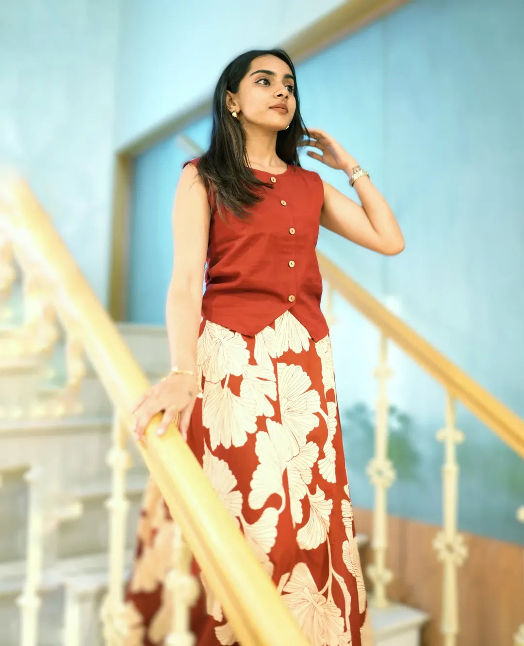 Rust Bloom Leaf Print  Rust Red with Cream Leaf Print dress