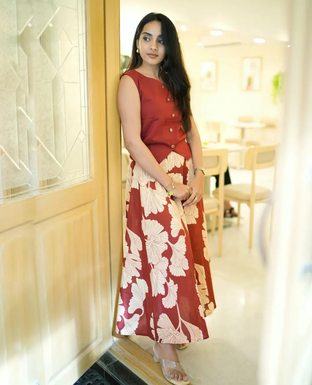 Rust Bloom Leaf Print  Rust Red with Cream Leaf Print dress