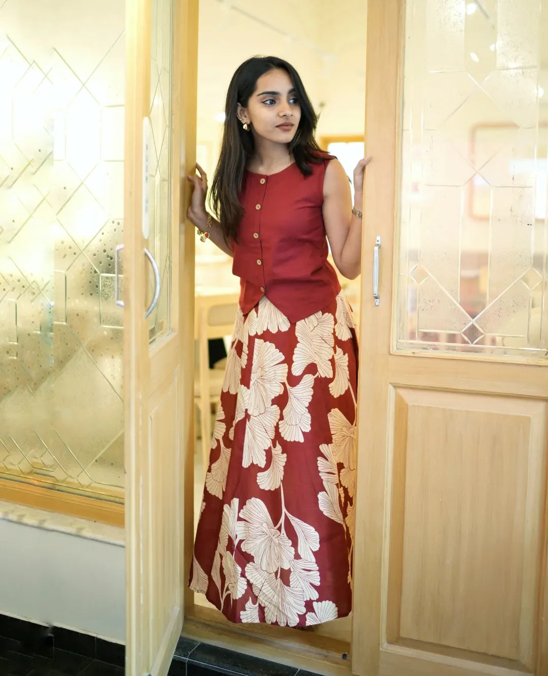 Rust Bloom Leaf Print  Rust Red with Cream Leaf Print dress