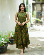 Beautiful A-line Floral Block Print Dark Green  Kurti with Palazzo Set