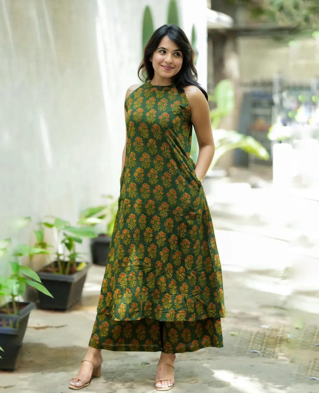 Beautiful A-line Floral Block Print Dark Green  Kurti with Palazzo Set