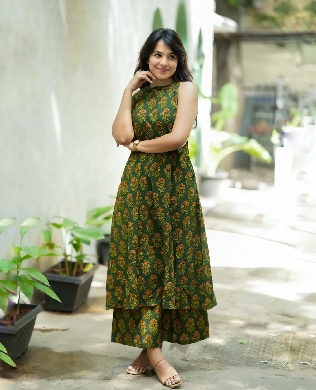 Beautiful A-line Floral Block Print Dark Green  Kurti with Palazzo Set