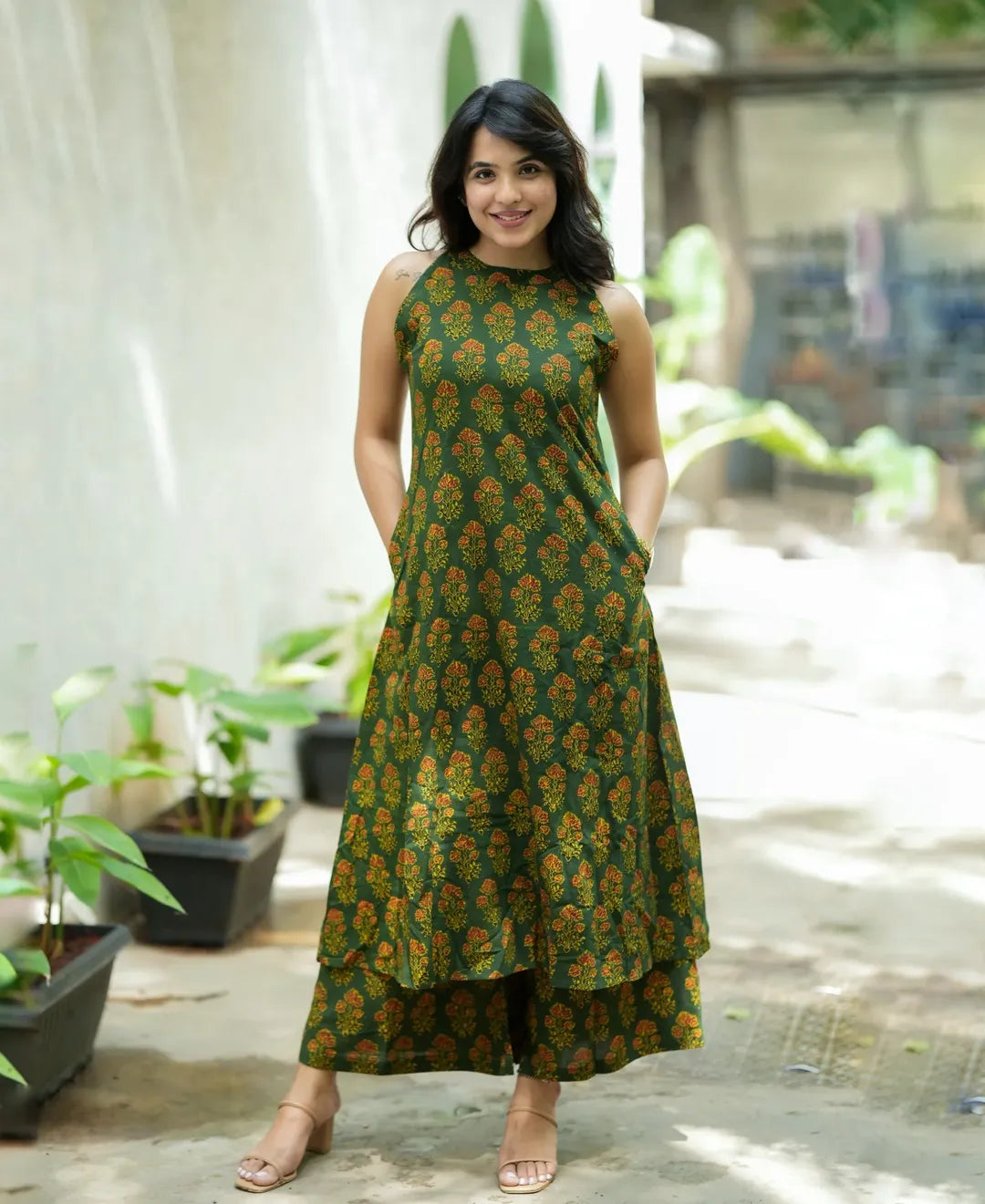 Beautiful A-line Floral Block Print Dark Green  Kurti with Palazzo Set