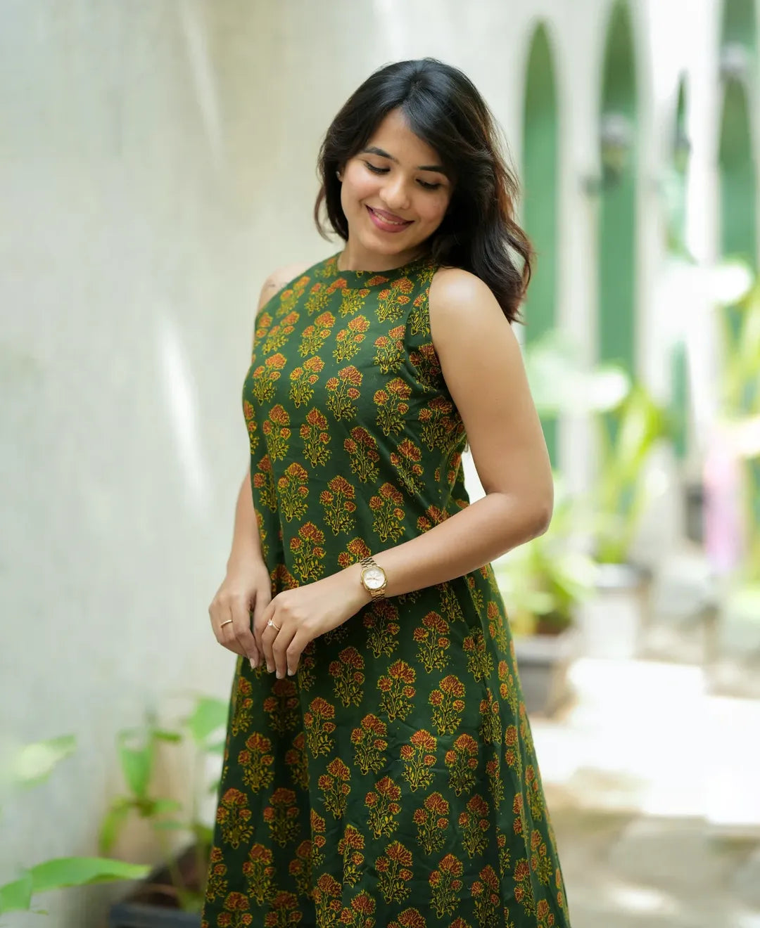 Beautiful A-line Floral Block Print Dark Green  Kurti with Palazzo Set