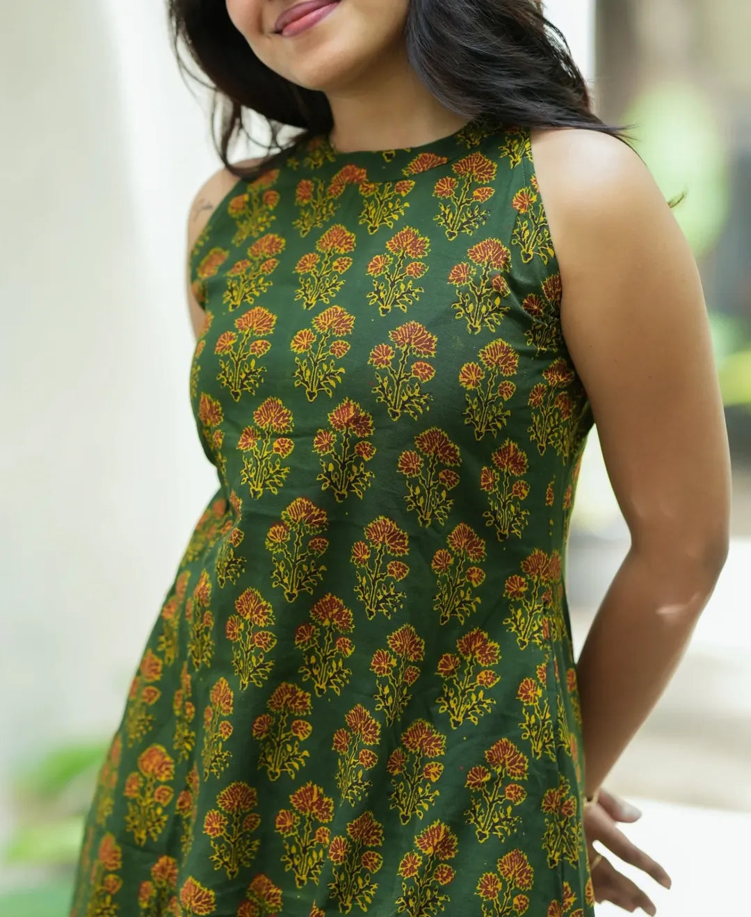 Beautiful A-line Floral Block Print Dark Green  Kurti with Palazzo Set