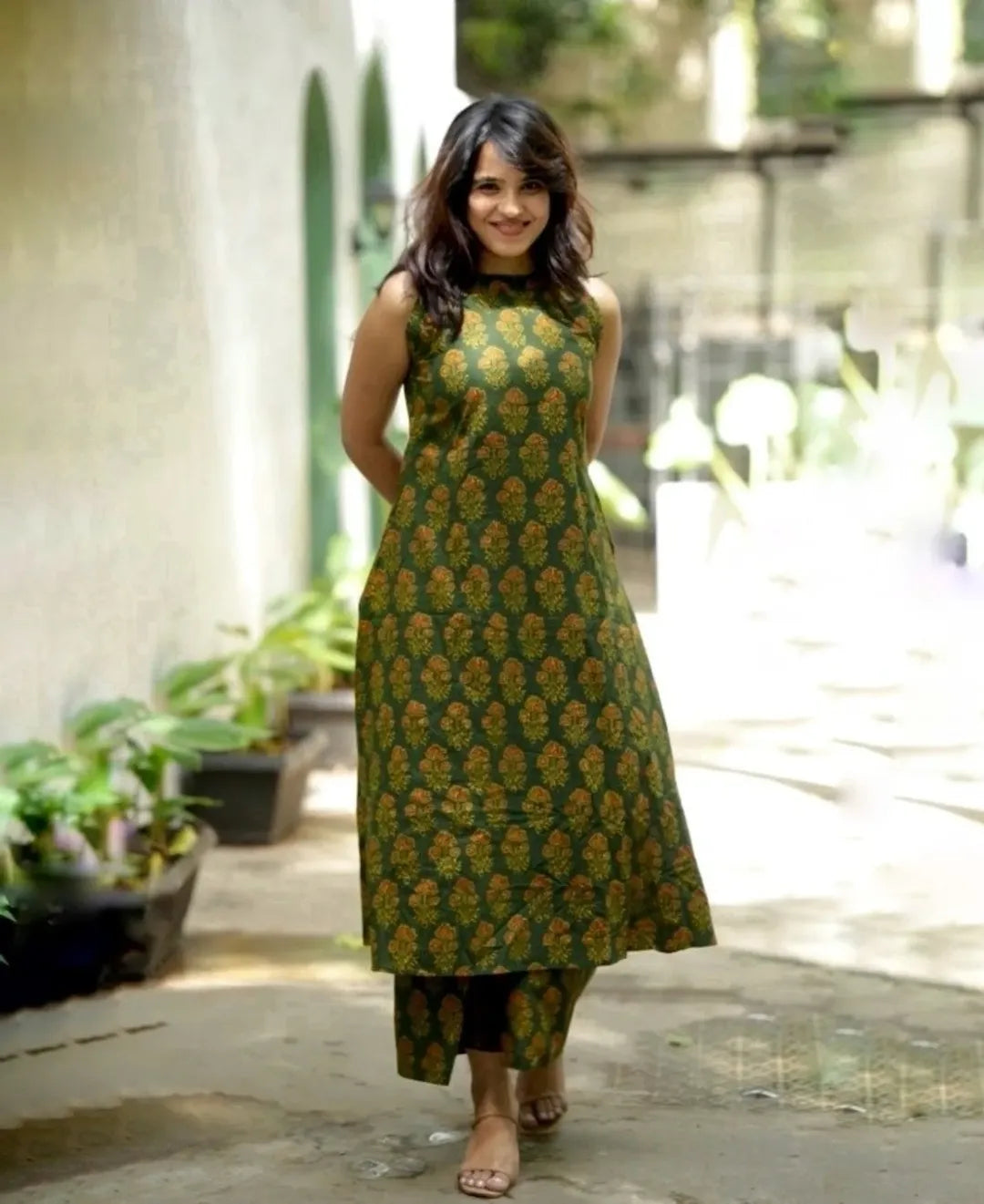 Beautiful A-line Floral Block Print Dark Green  Kurti with Palazzo Set