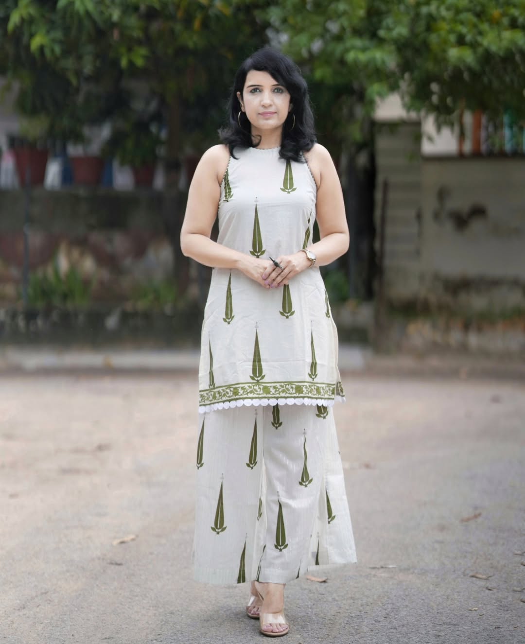 Ivory Olive Block Print Kurti Set