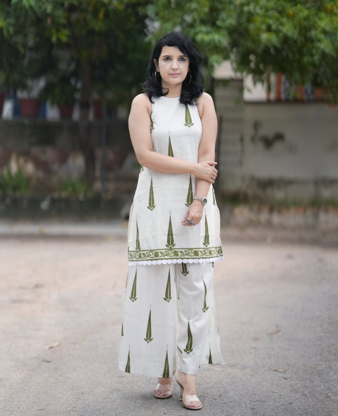 Ivory Olive Block Print Kurti Set